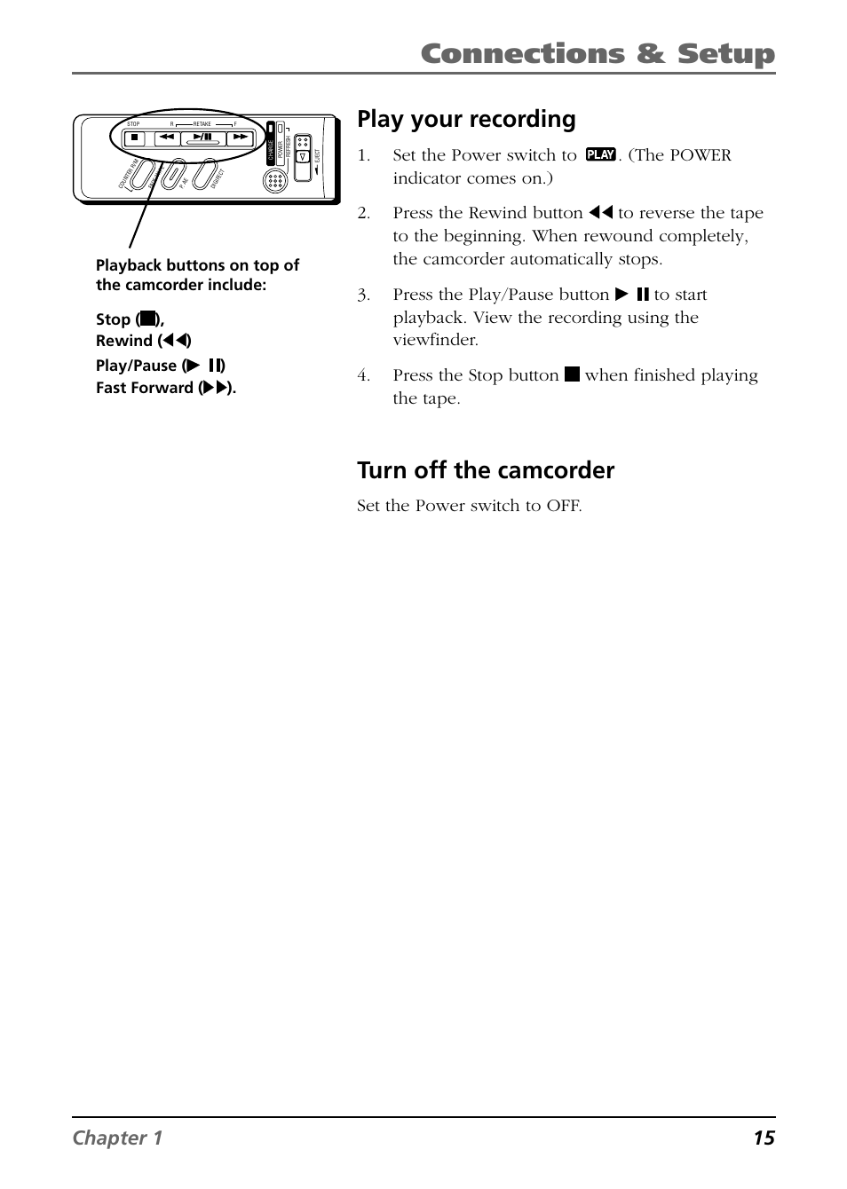 Connections & setup, Play your recording, Turn off the camcorder | Chapter 1 15, Set the power switch to off | RCA CC6254 User Manual | Page 17 / 104