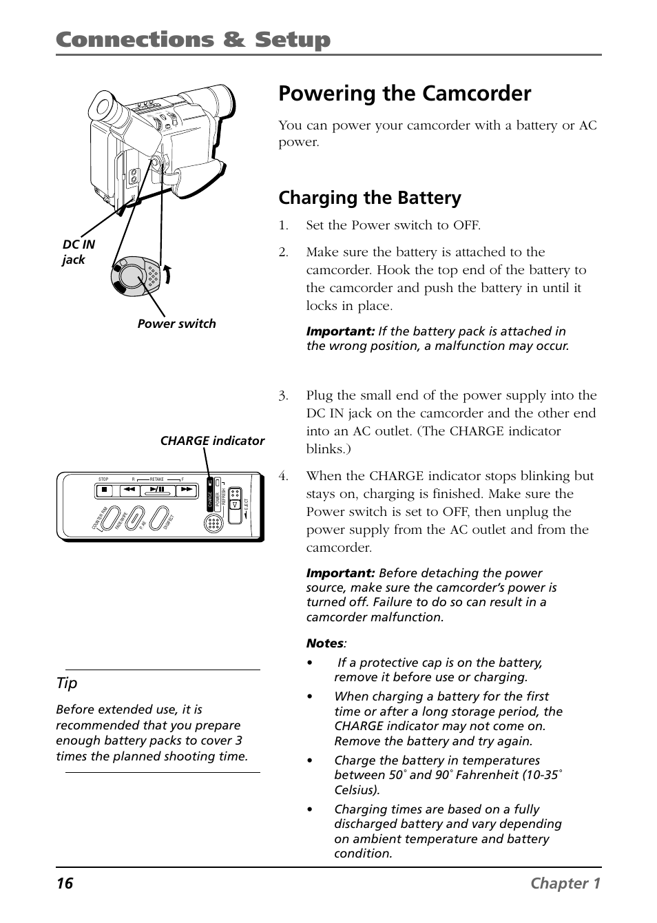 Connections & setup powering the camcorder, Charging the battery, 16 chapter 1 | Charge indicator | RCA CC6254 User Manual | Page 18 / 104