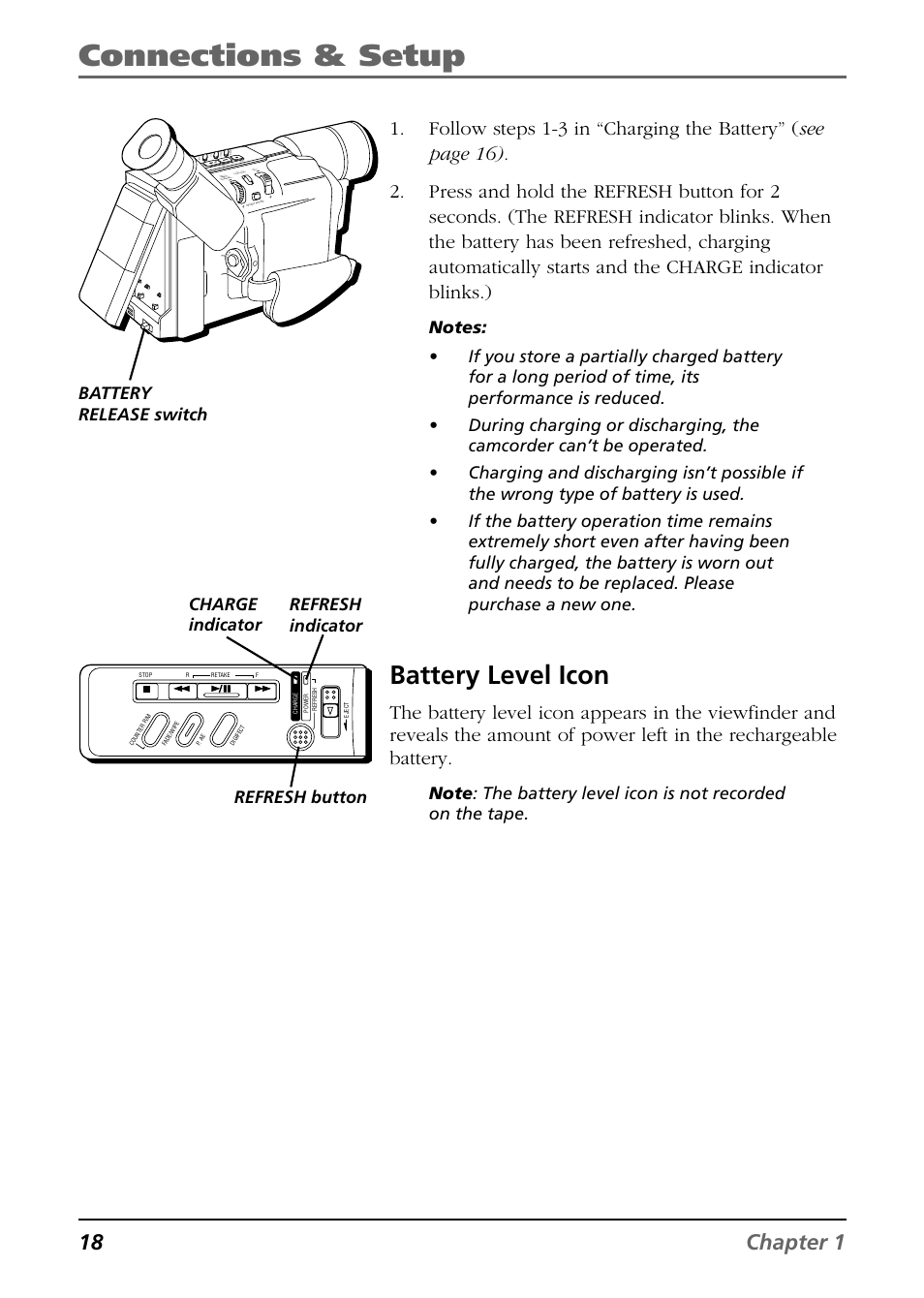 Connections & setup, Battery level icon, 18 chapter 1 | Charge indicator refresh button refresh indicator, Battery release switch | RCA CC6254 User Manual | Page 20 / 104