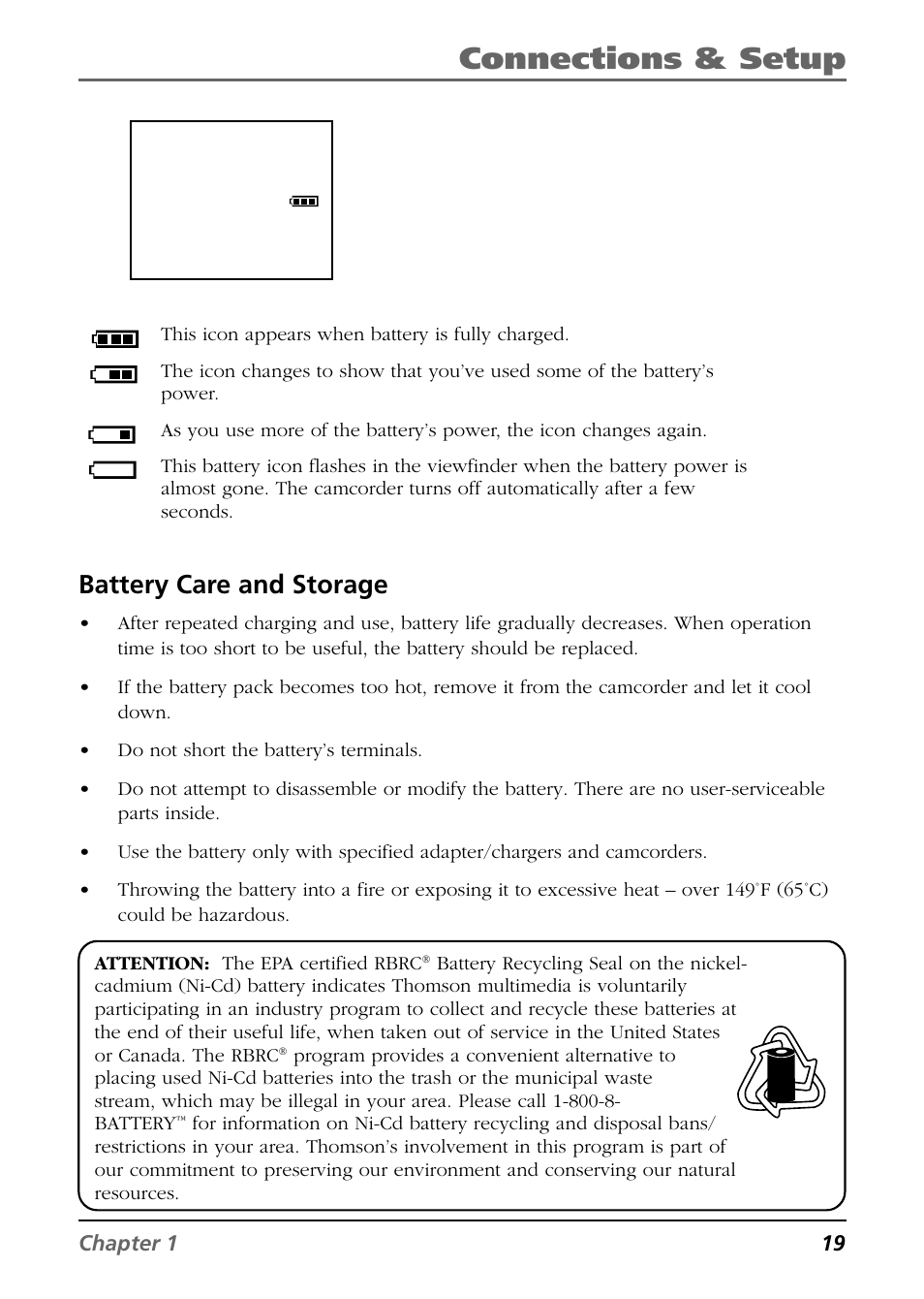 Connections & setup, Battery care and storage | RCA CC6254 User Manual | Page 21 / 104