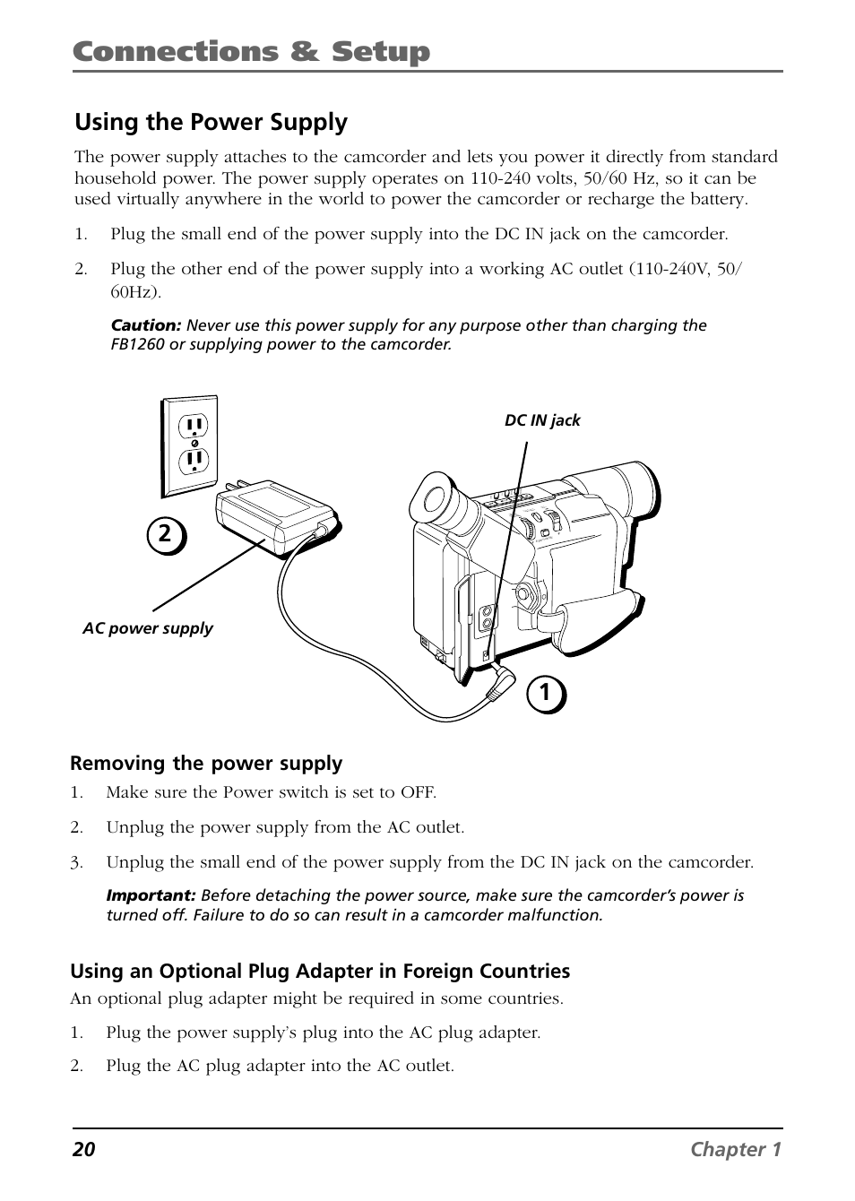 Connections & setup, Using the power supply, 20 chapter 1 | Removing the power supply, Dc in jack ac power supply | RCA CC6254 User Manual | Page 22 / 104