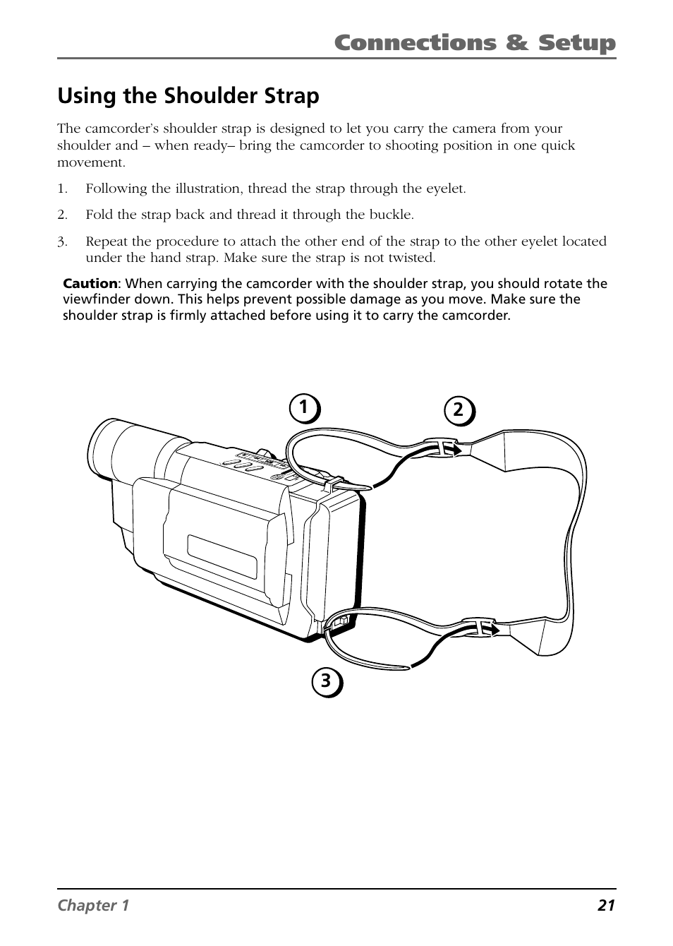 Connections & setup, Using the shoulder strap, Chapter 1 21 | RCA CC6254 User Manual | Page 23 / 104