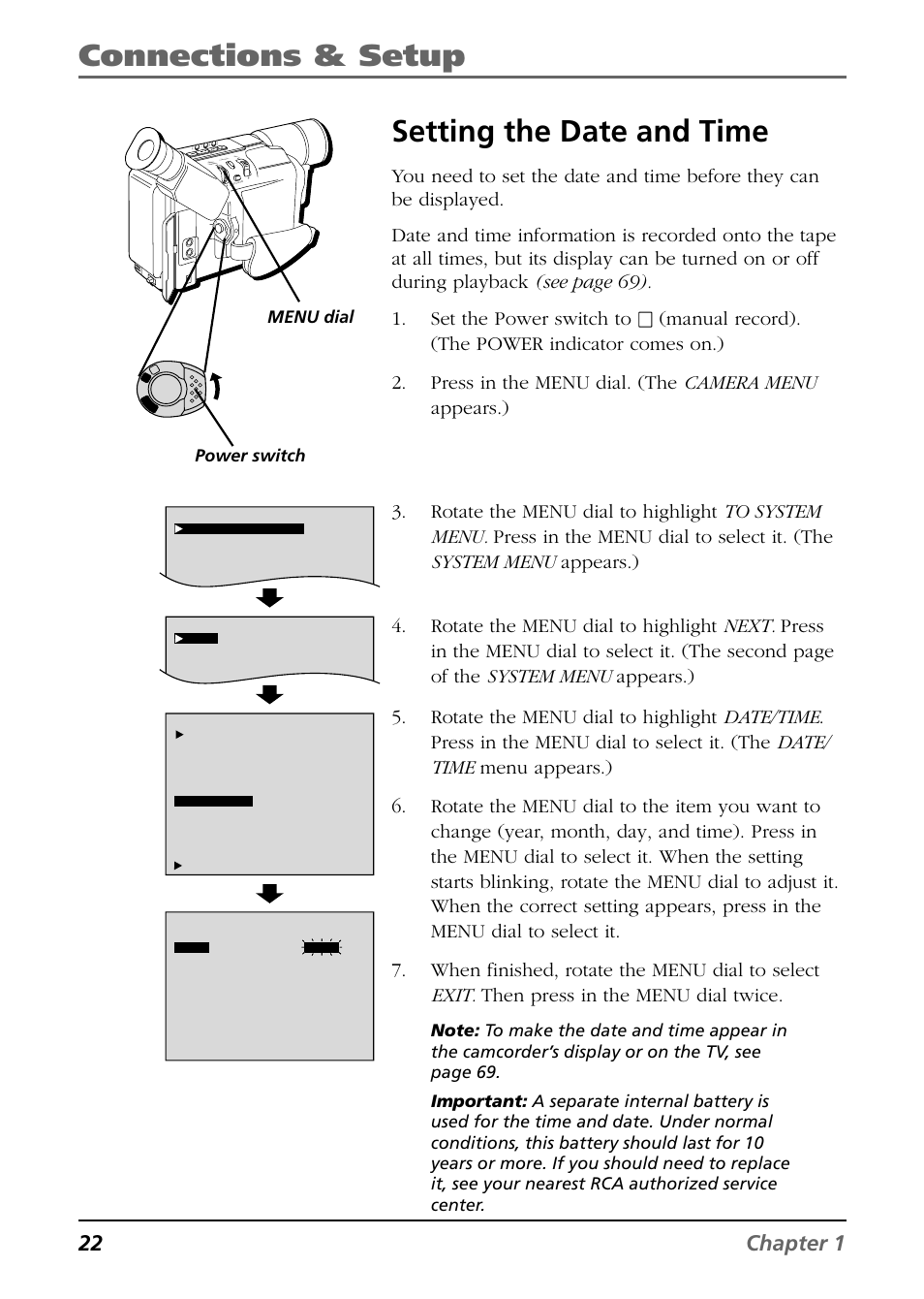 Connections & setup setting the date and time, 22 chapter 1, Menu dial | RCA CC6254 User Manual | Page 24 / 104