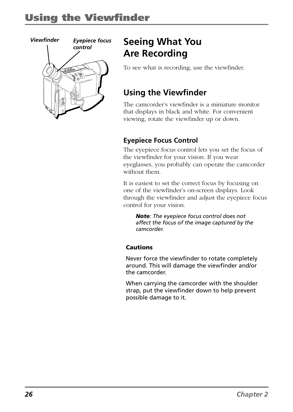 Using the viewfinder, Seeing what you are recording, 26 chapter 2 | Eyepiece focus control, Viewfinder eyepiece focus control | RCA CC6254 User Manual | Page 28 / 104