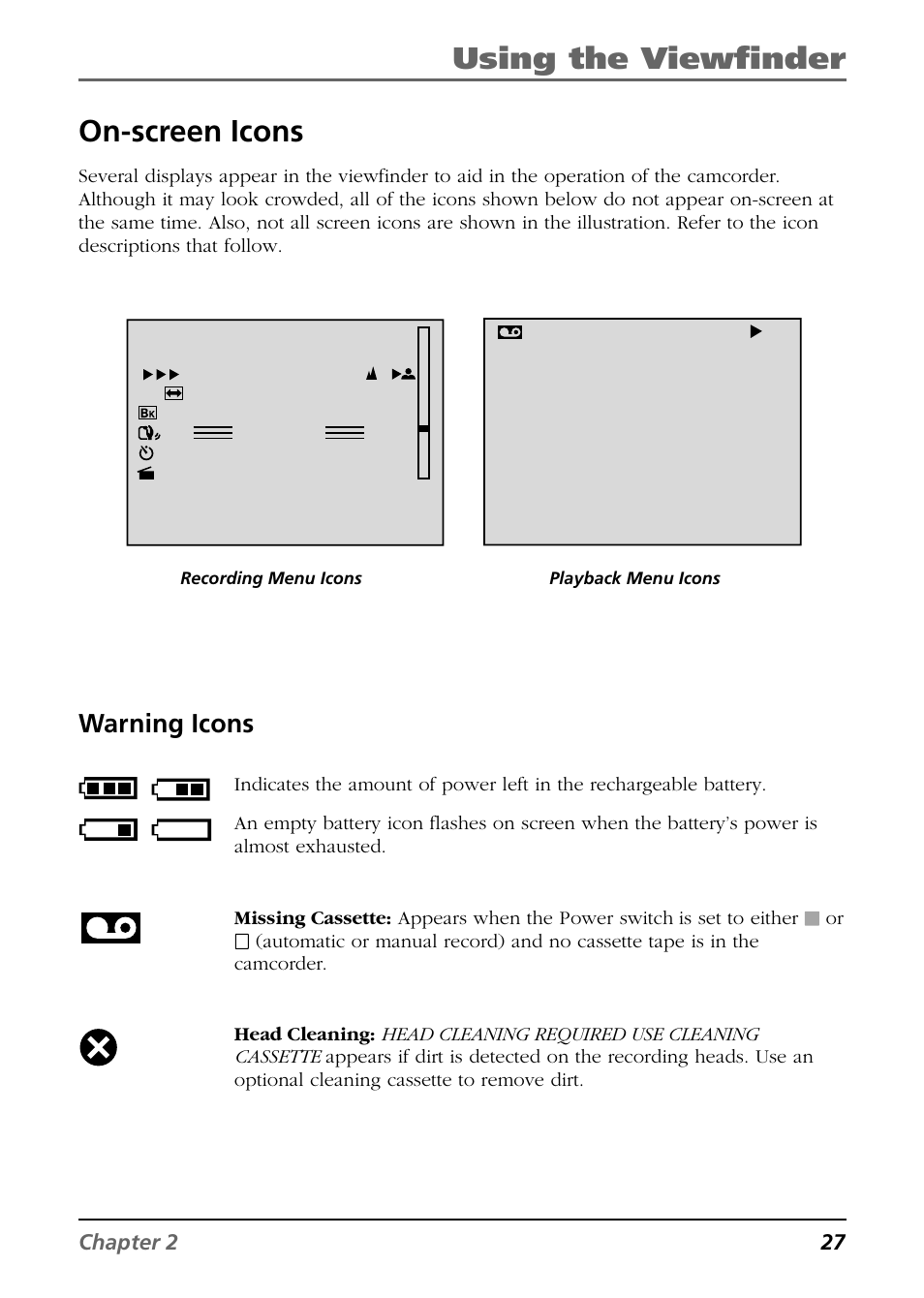 Using the viewfinder, On-screen icons, Warning icons | RCA CC6254 User Manual | Page 29 / 104