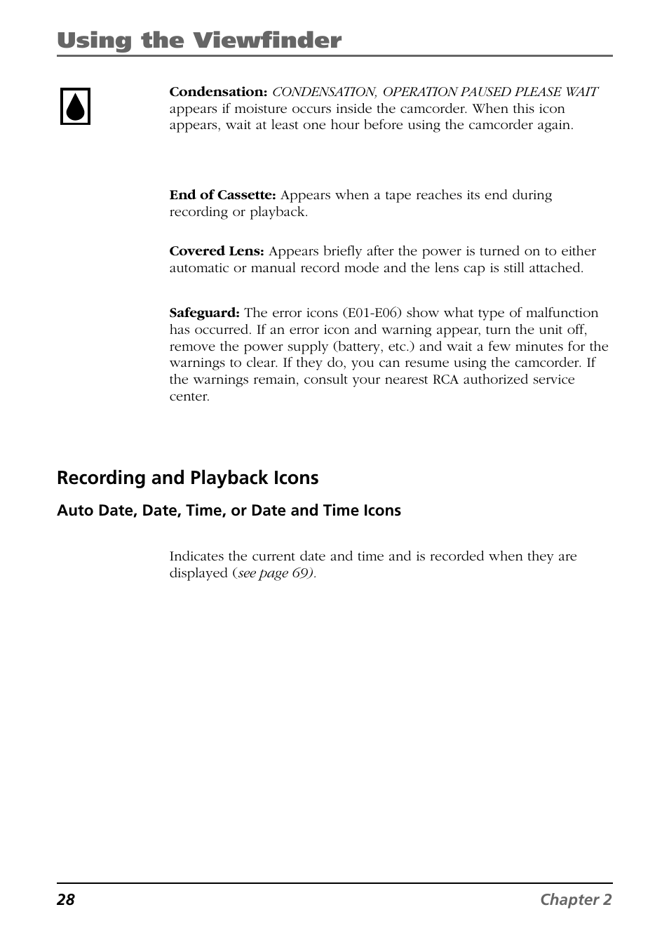 Using the viewfinder, Recording and playback icons | RCA CC6254 User Manual | Page 30 / 104