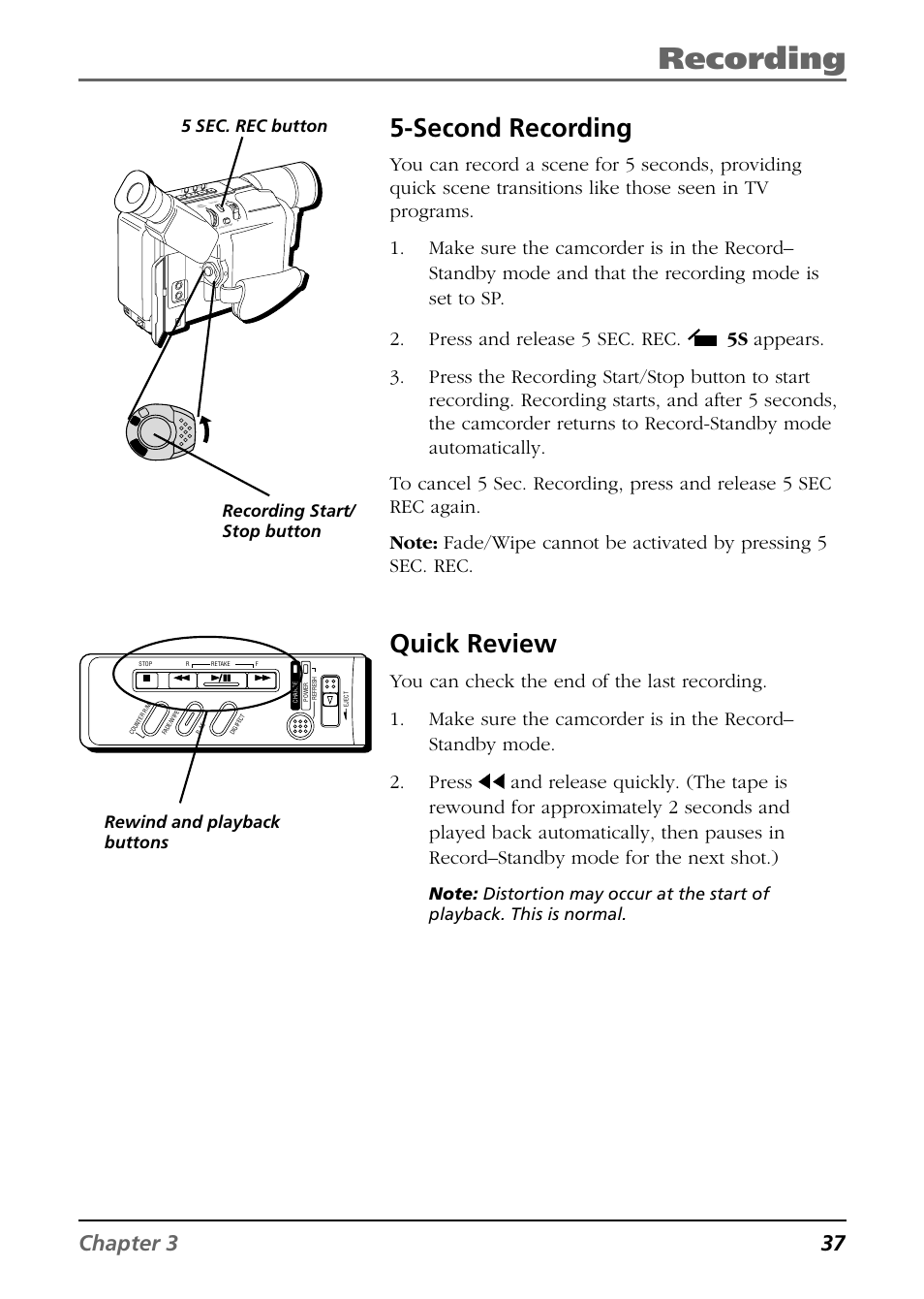 Recording, Second recording, Quick review | Chapter 3 37, Rewind and playback buttons, Recording start/ stop button 5 sec. rec button | RCA CC6254 User Manual | Page 39 / 104