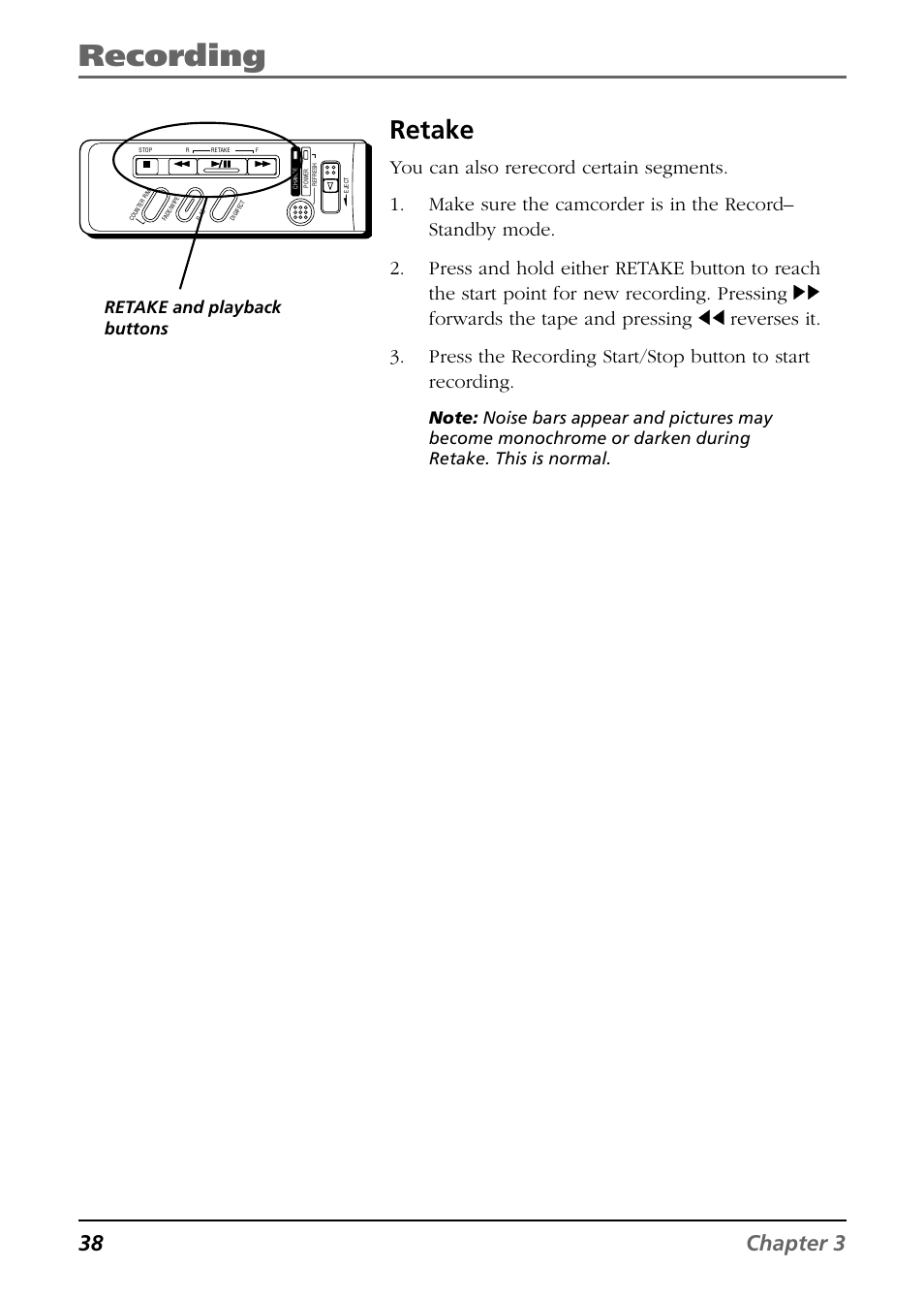 Recording, Retake, 38 chapter 3 | Retake and playback buttons | RCA CC6254 User Manual | Page 40 / 104