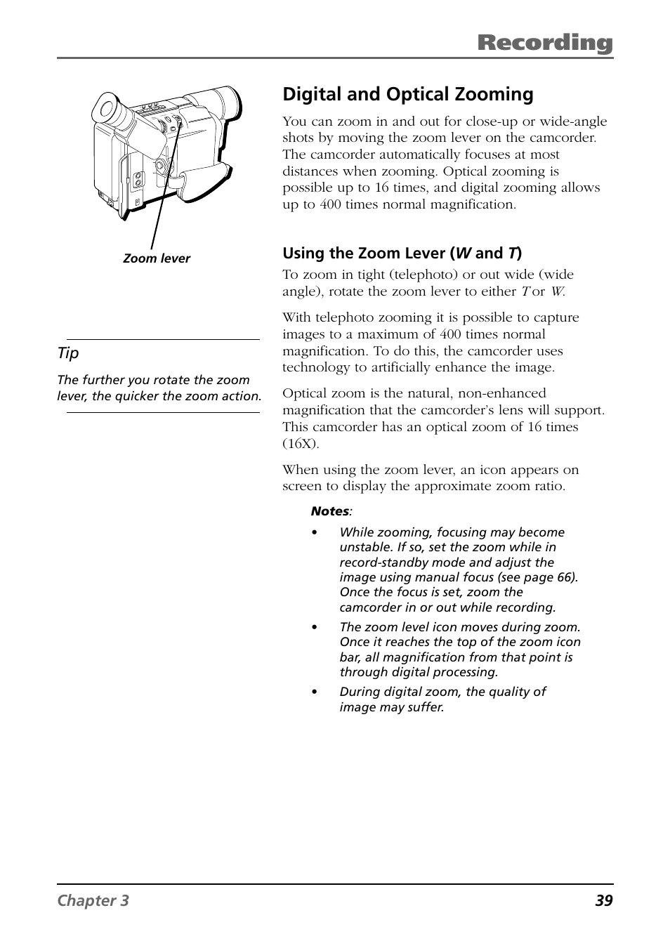 Recording, Digital and optical zooming, Chapter 3 39 | Using the zoom lever ( w and t ), Zoom lever | RCA CC6254 User Manual | Page 41 / 104