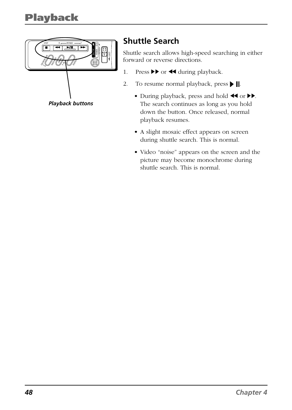 Playback, Shuttle search, 48 chapter 4 | RCA CC6254 User Manual | Page 50 / 104