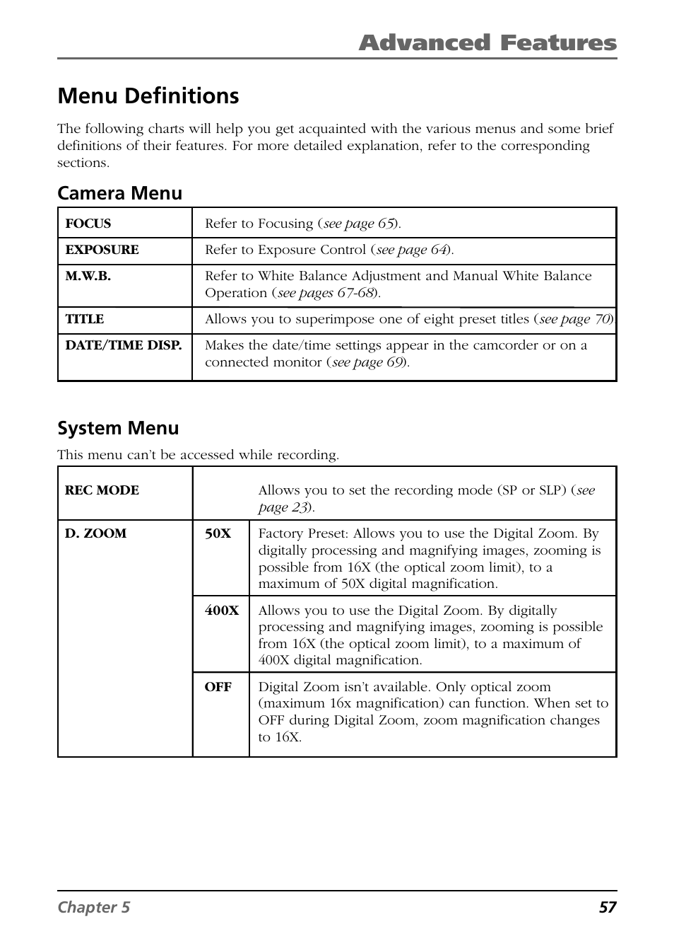 Advanced features, Menu definitions, System menu | Camera menu | RCA CC6254 User Manual | Page 59 / 104