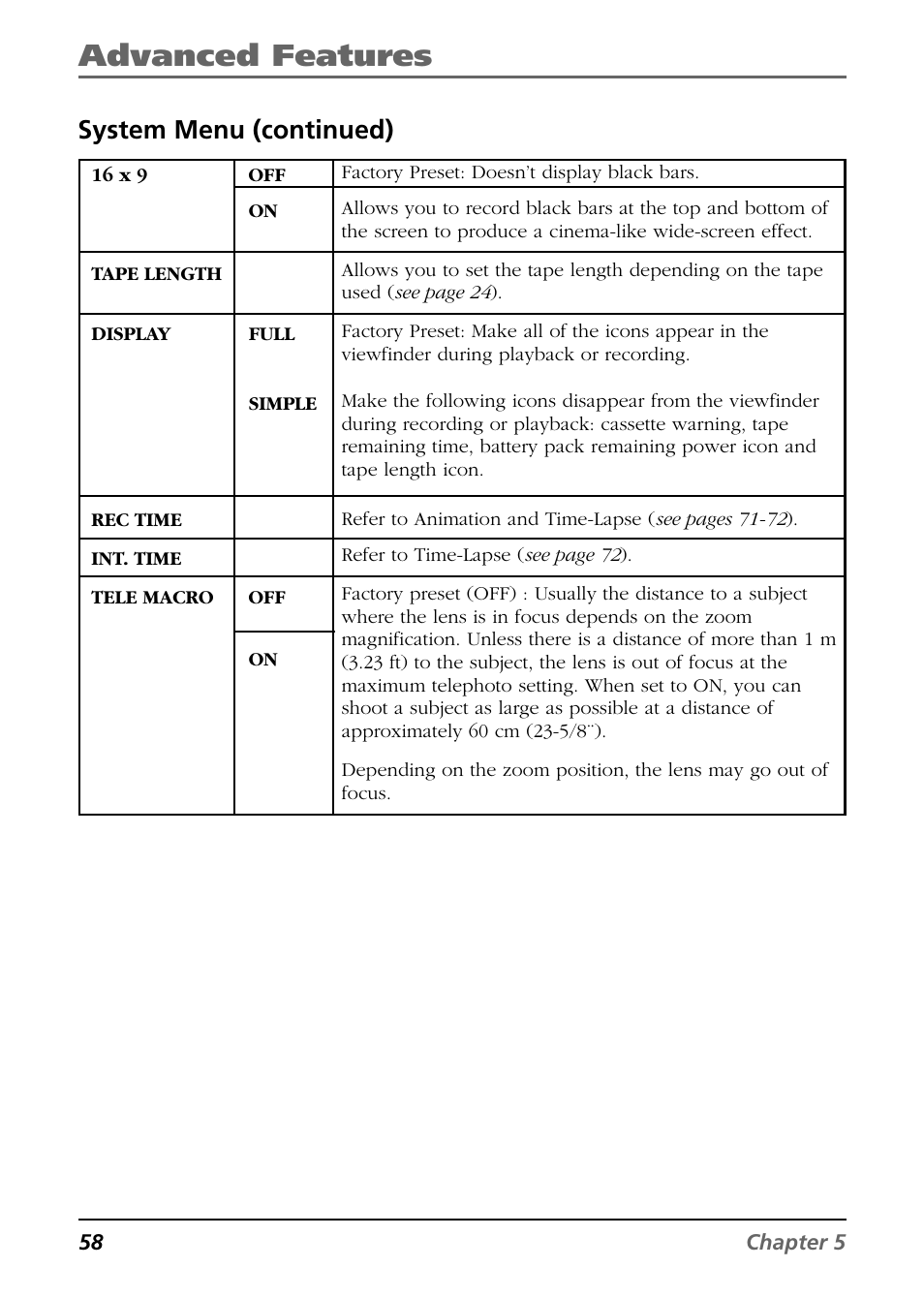 Advanced features, System menu (continued) | RCA CC6254 User Manual | Page 60 / 104