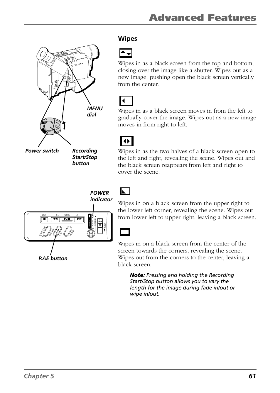 Advanced features, Shutter, Slide | Door, Corner, Window, Chapter 5 61 wipes, Power indicator power switch, Menu dial recording start/stop button p.ae button | RCA CC6254 User Manual | Page 63 / 104