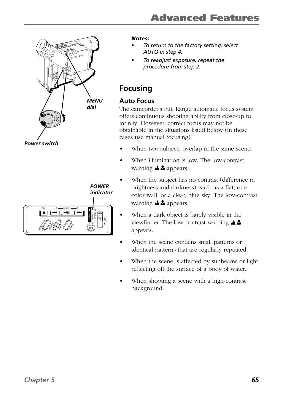 Advanced features, Focusing, Chapter 5 65 | Auto focus, Power indicator power switch, Menu dial | RCA CC6254 User Manual | Page 67 / 104