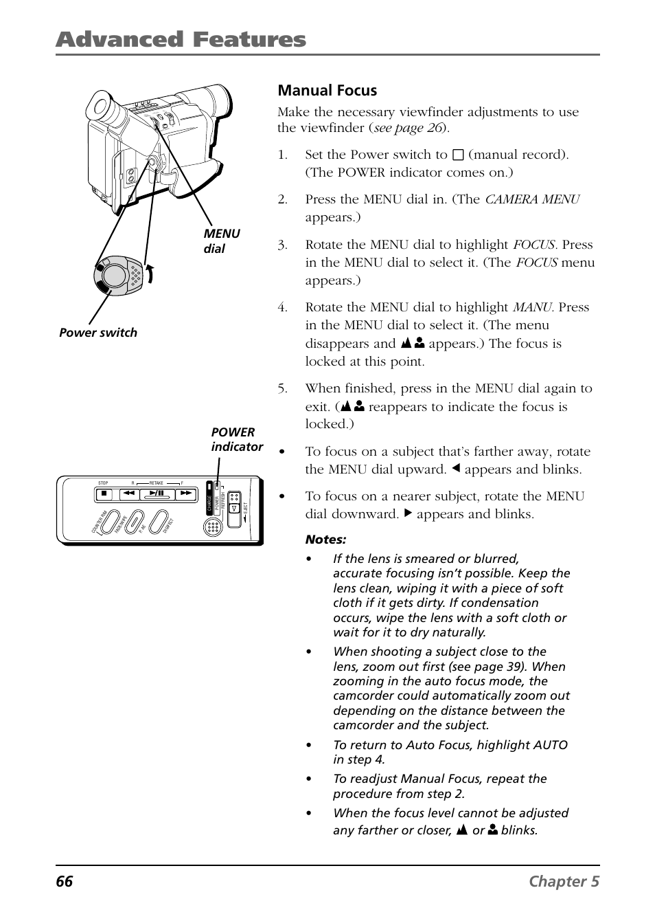 Advanced features, 66 chapter 5 manual focus, Power indicator power switch | Menu dial | RCA CC6254 User Manual | Page 68 / 104