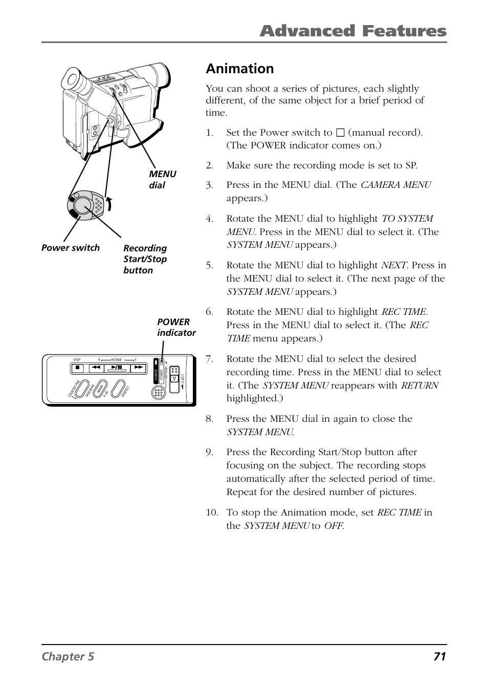 Advanced features, Animation, Chapter 5 71 | Power indicator power switch, Menu dial recording start/stop button | RCA CC6254 User Manual | Page 73 / 104