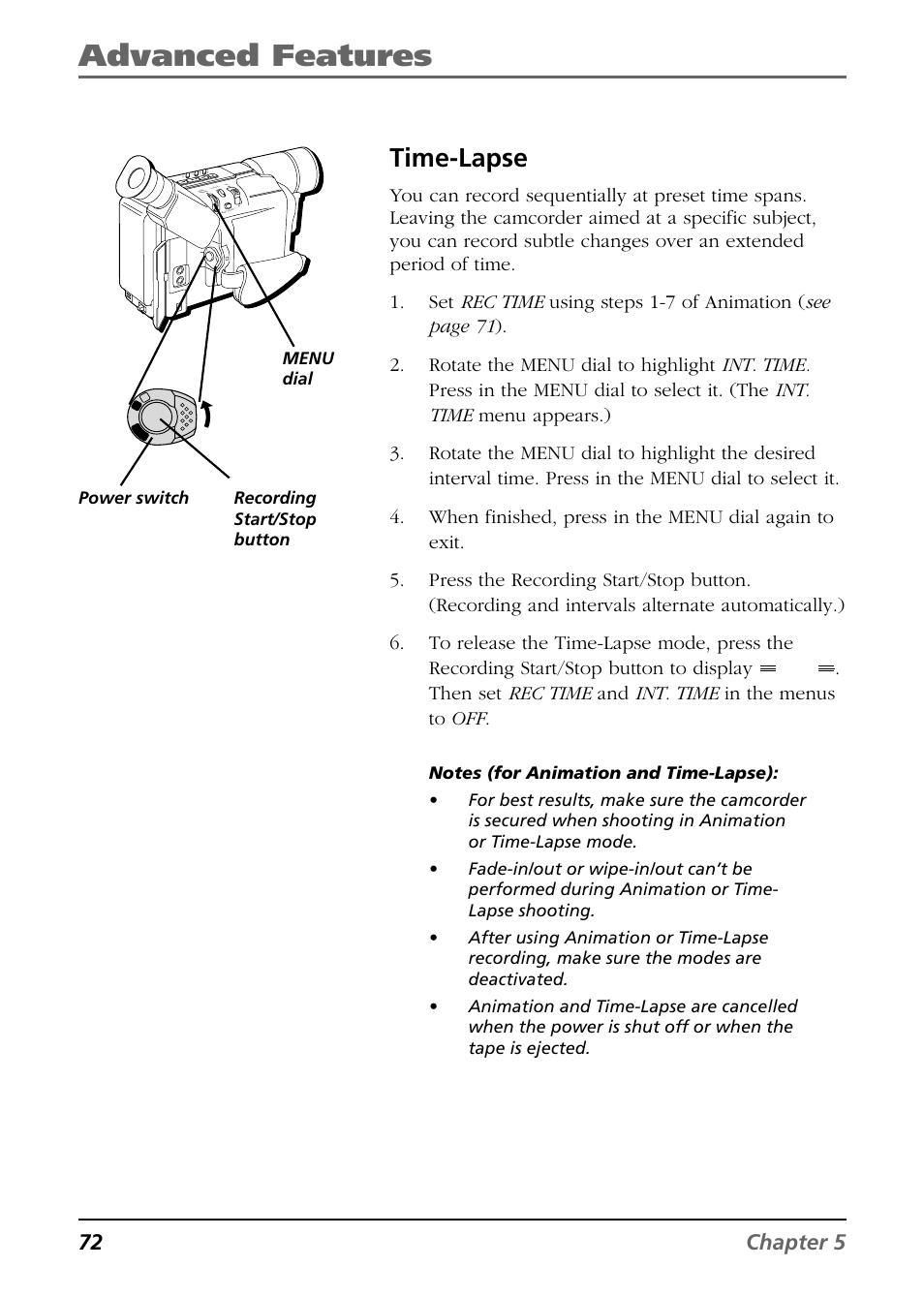 Advanced features, Time-lapse, 72 chapter 5 | Menu dial recording start/stop button | RCA CC6254 User Manual | Page 74 / 104