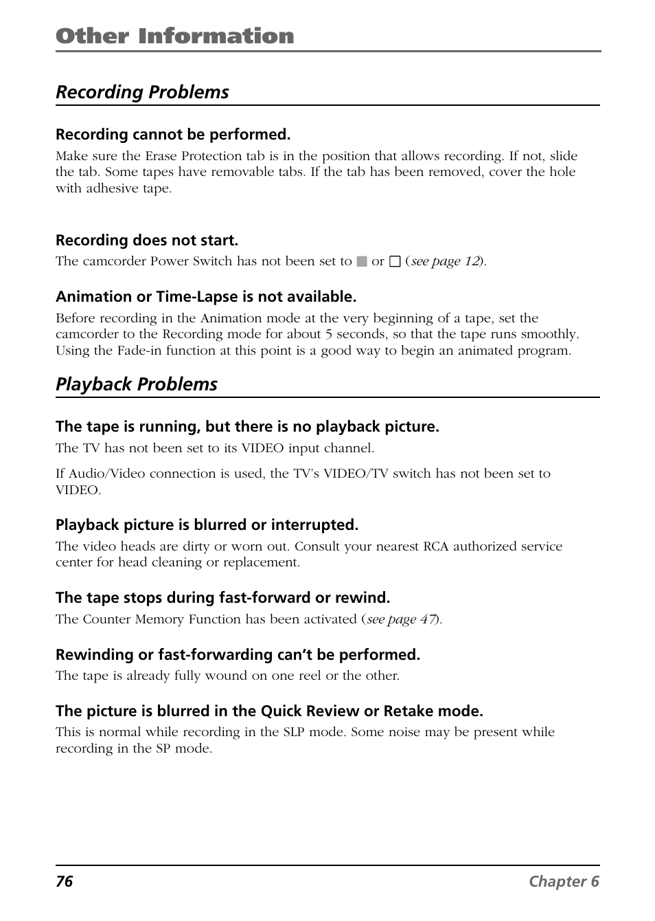 Other information, Recording problems, Playback problems | RCA CC6254 User Manual | Page 78 / 104