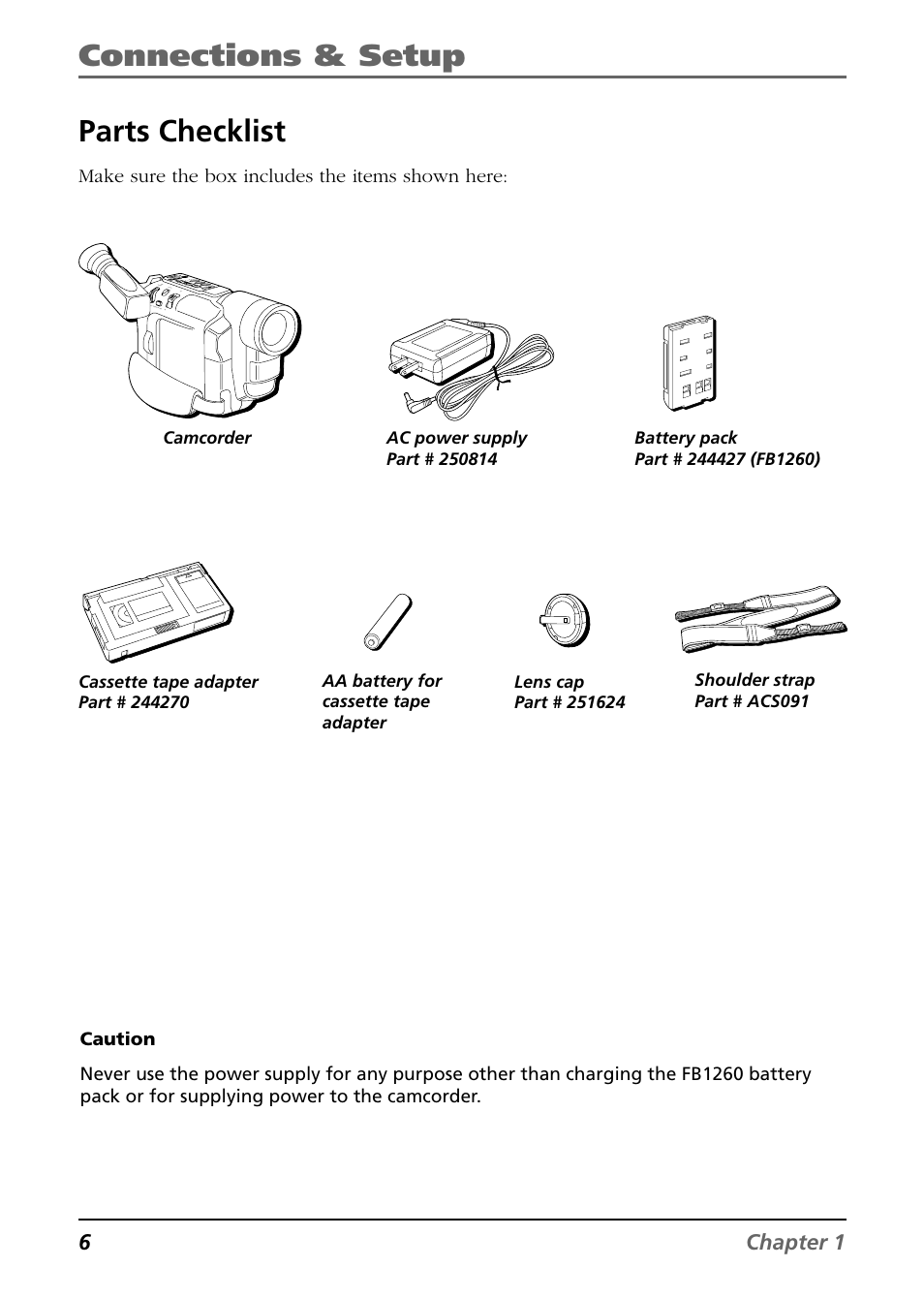 Connections & setup, Parts checklist, 6chapter 1 | Make sure the box includes the items shown here | RCA CC6254 User Manual | Page 8 / 104