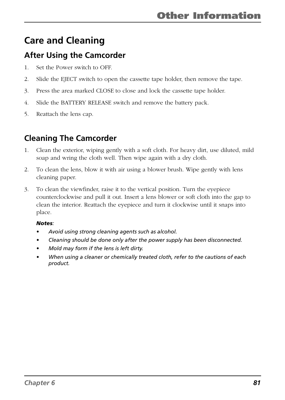 Other information, Care and cleaning, Care and maintenance | After using the camcorder, Cleaning the camcorder | RCA CC6254 User Manual | Page 83 / 104