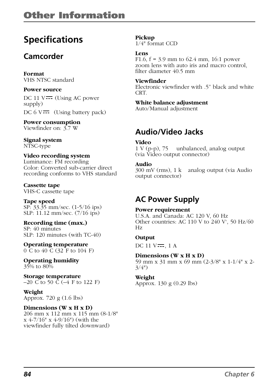 Other information, Specifications, Camcorder | Audio/video jacks, Ac power supply | RCA CC6254 User Manual | Page 86 / 104