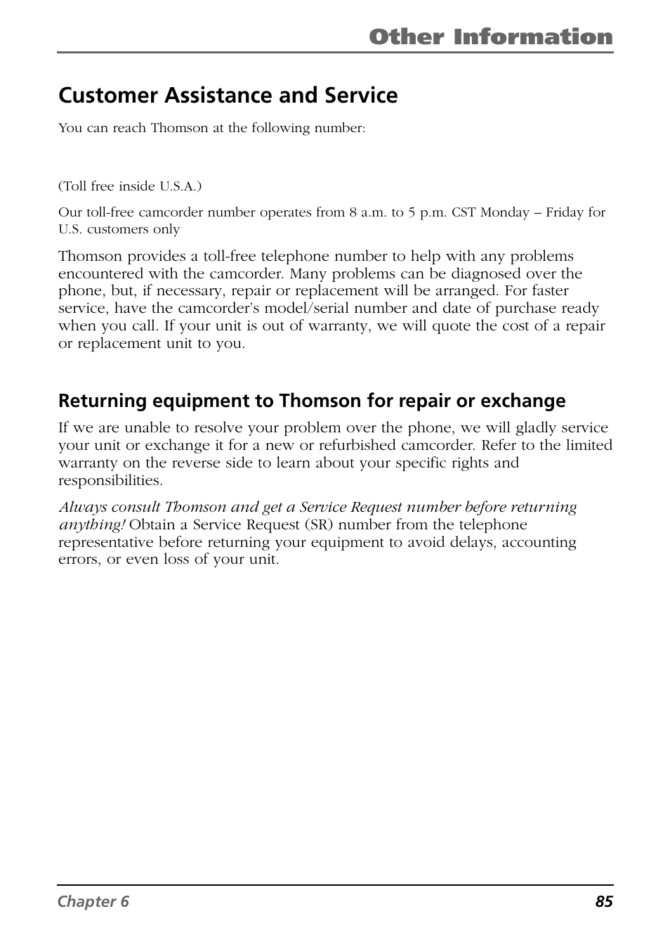 Other information, Customer assistance and service | RCA CC6254 User Manual | Page 87 / 104
