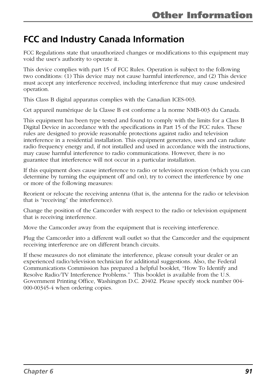 Other information, Fcc and industry canada information | RCA CC6254 User Manual | Page 93 / 104