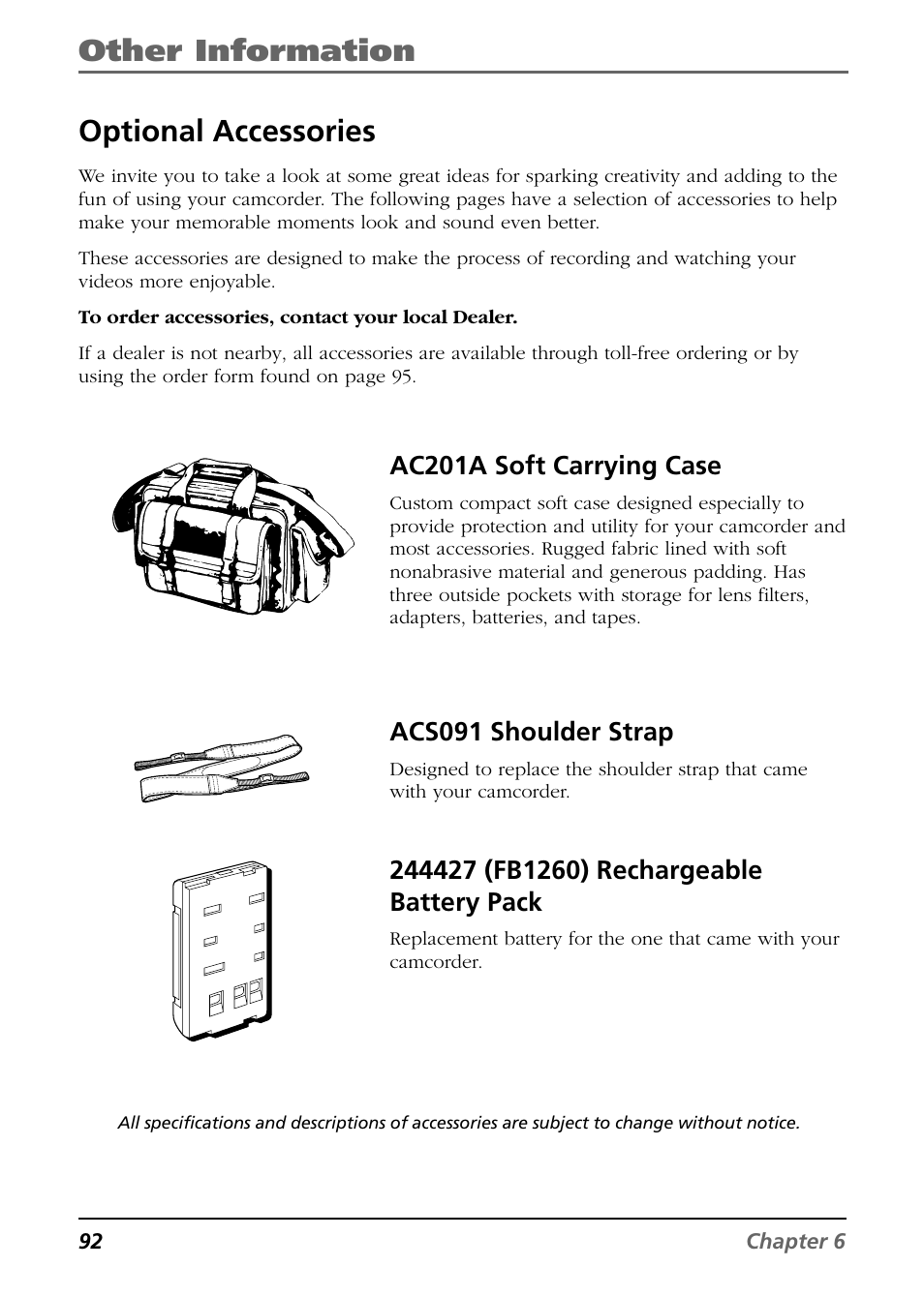 Other information, Optional accessories, Ac201a soft carrying case | Acs091 shoulder strap | RCA CC6254 User Manual | Page 94 / 104