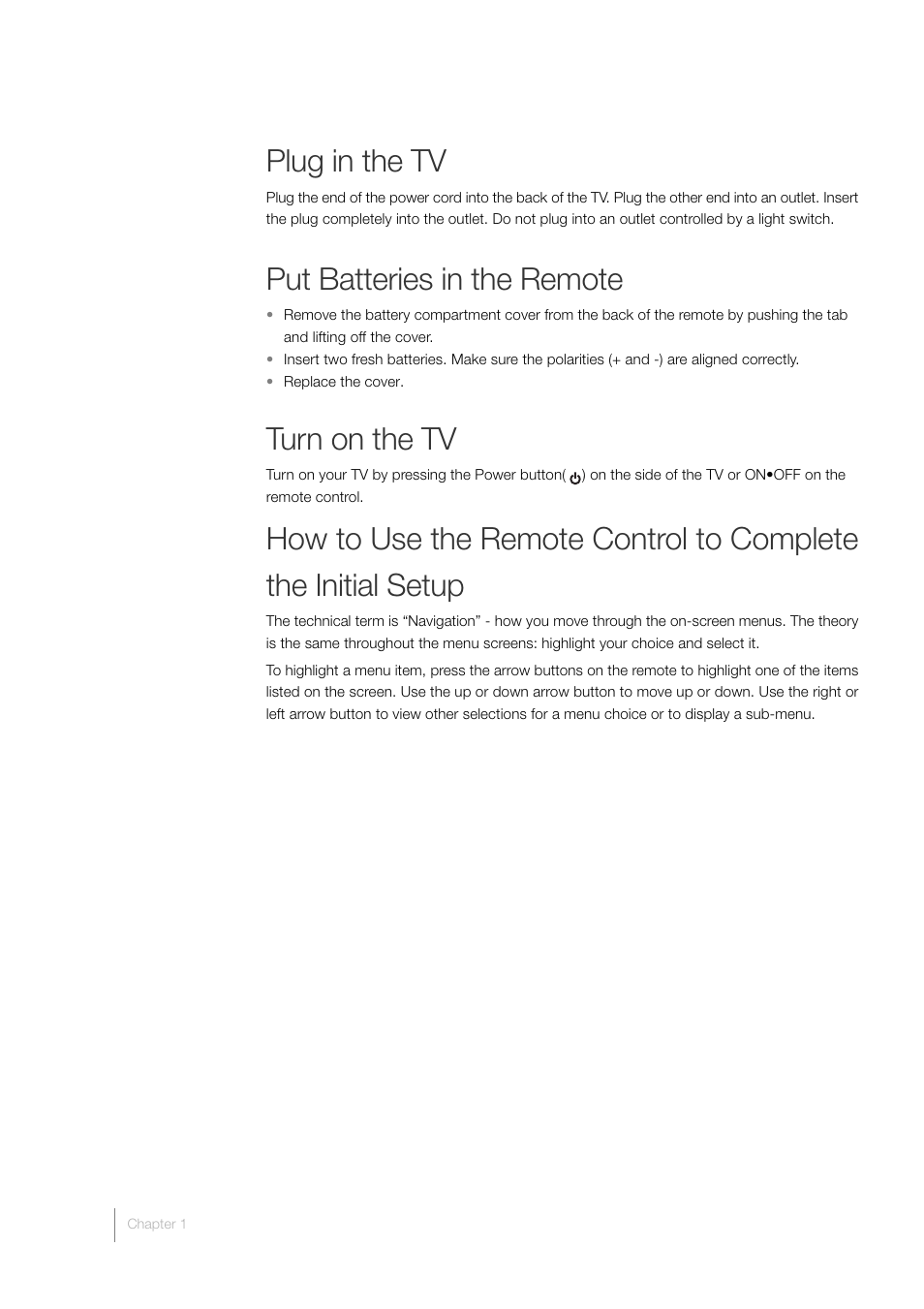 Plug in the tv, Put batteries in the remote, Turn on the tv | RCA L46FHD35 User Manual | Page 16 / 52