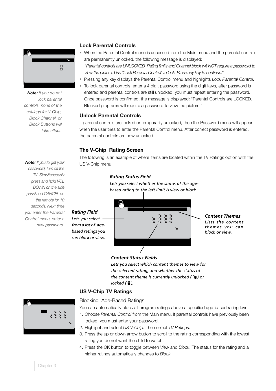Lock parental controls, Unlock parental controls, The v-chip rating screen | Us v-chip tv ratings blocking age-based ratings | RCA L46FHD35 User Manual | Page 32 / 52
