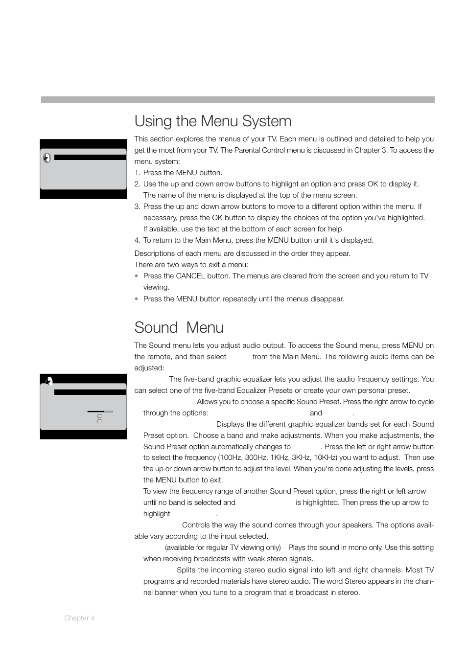 4 using the tv’s menu, Using the menu system, Sound menu | RCA L46FHD35 User Manual | Page 36 / 52