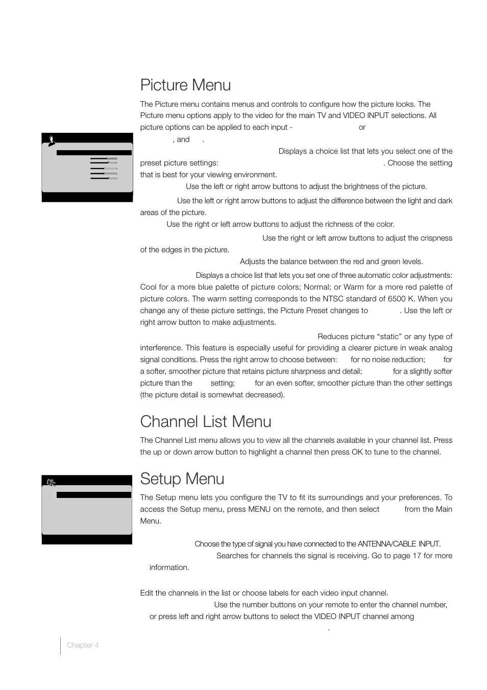 Picture menu, Channel list menu, Setup menu | RCA L46FHD35 User Manual | Page 38 / 52