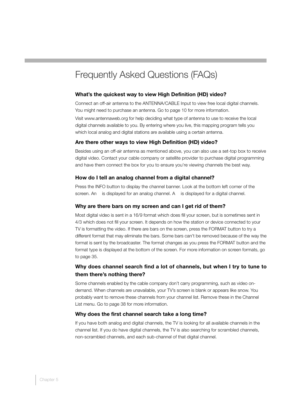 5 other information, Frequently asked questions (faqs) | RCA L46FHD35 User Manual | Page 42 / 52