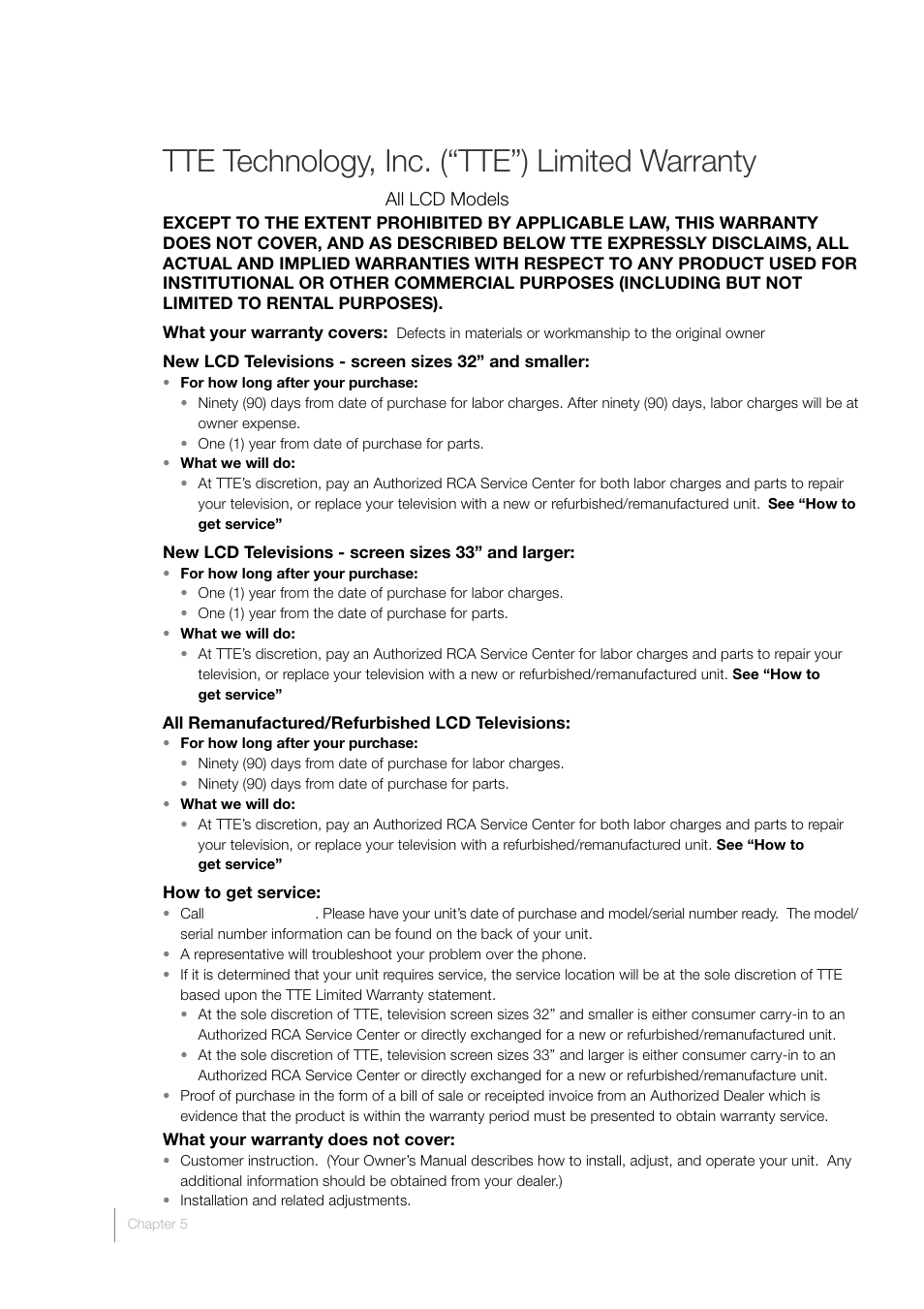 Tte technology, inc. (“tte”) limited warranty | RCA L46FHD35 User Manual | Page 48 / 52