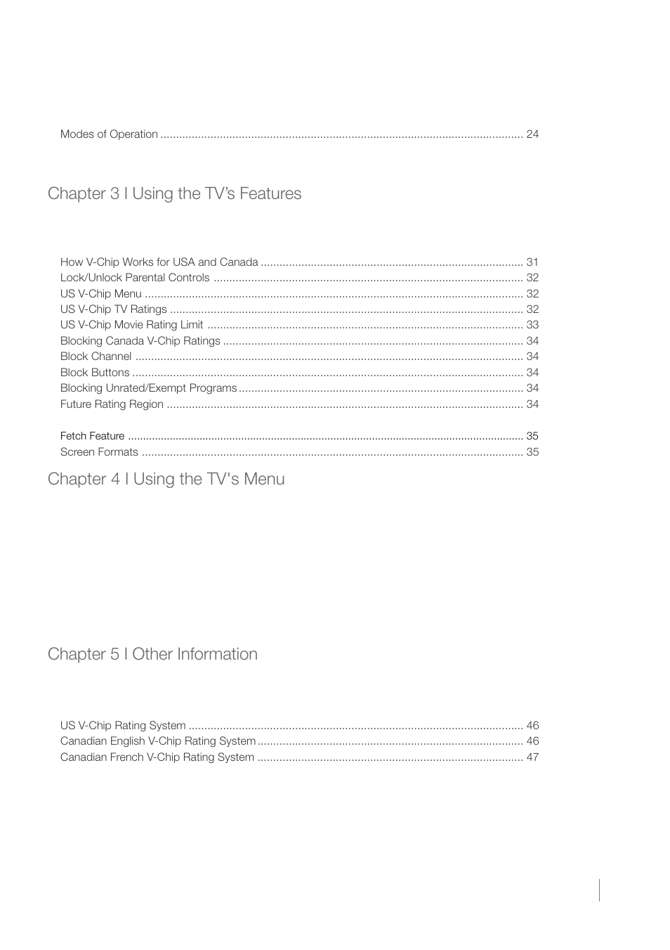 Chapter 3 i using the tv’s features, Chapter 4 i using the tv's menu, Chapter 5 i other information | RCA L46FHD35 User Manual | Page 5 / 52