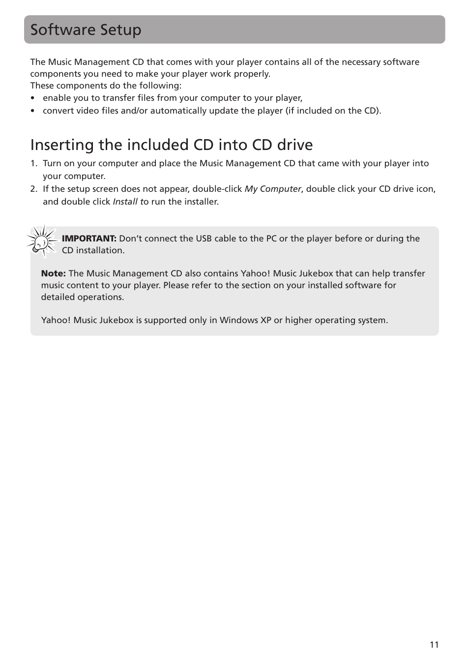 Software setup, Inserting the included cd into cd drive | RCA MC5102 MC5104 User Manual | Page 11 / 45