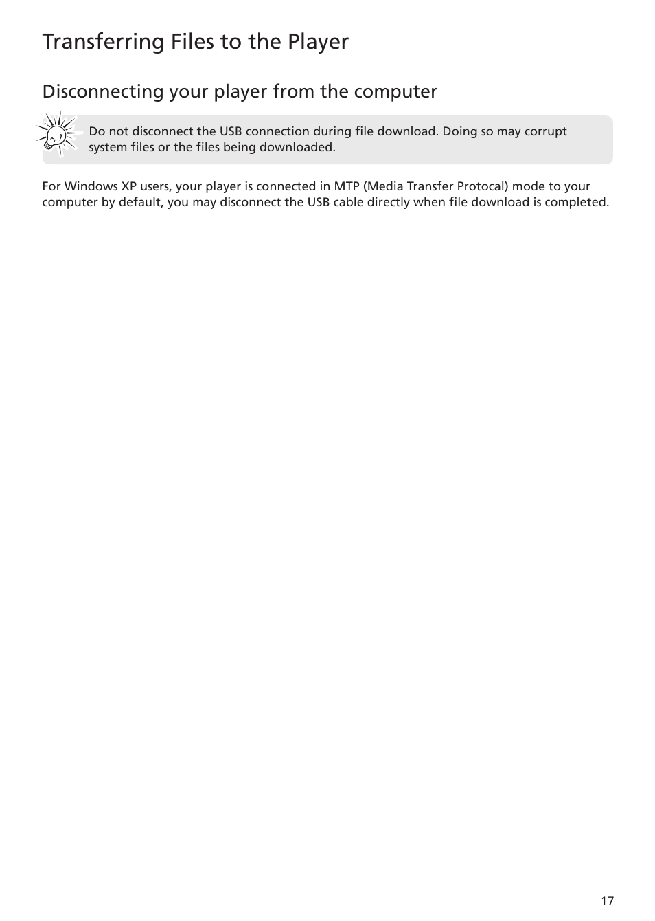 Disconnecting your player from the computer, Transferring files to the player | RCA MC5102 MC5104 User Manual | Page 17 / 45