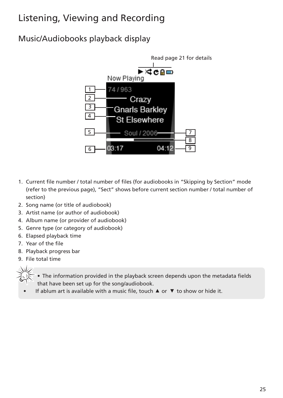 Music/audiobooks playback display, Listening, viewing and recording | RCA MC5102 MC5104 User Manual | Page 25 / 45