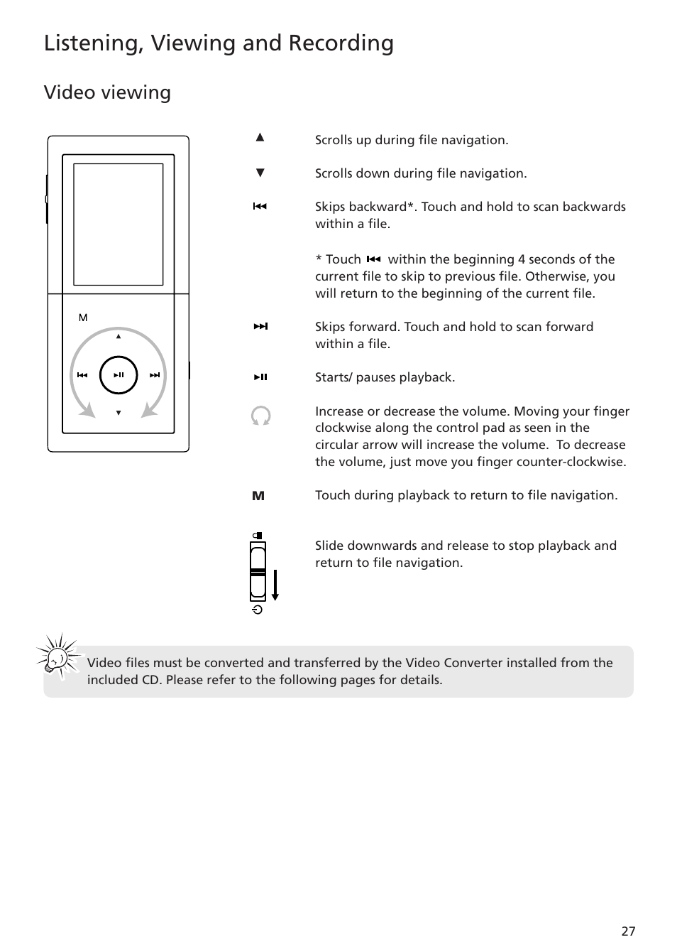 Video viewing, Listening, viewing and recording | RCA MC5102 MC5104 User Manual | Page 27 / 45