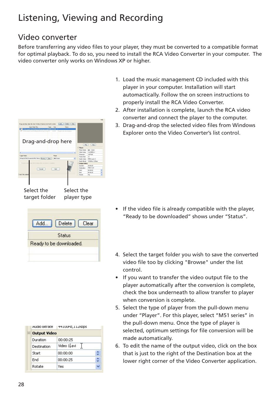 Video converter, Listening, viewing and recording | RCA MC5102 MC5104 User Manual | Page 28 / 45