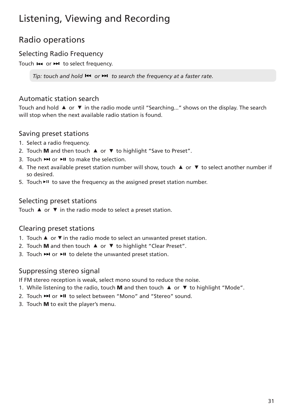 Radio operations, Listening, viewing and recording | RCA MC5102 MC5104 User Manual | Page 31 / 45