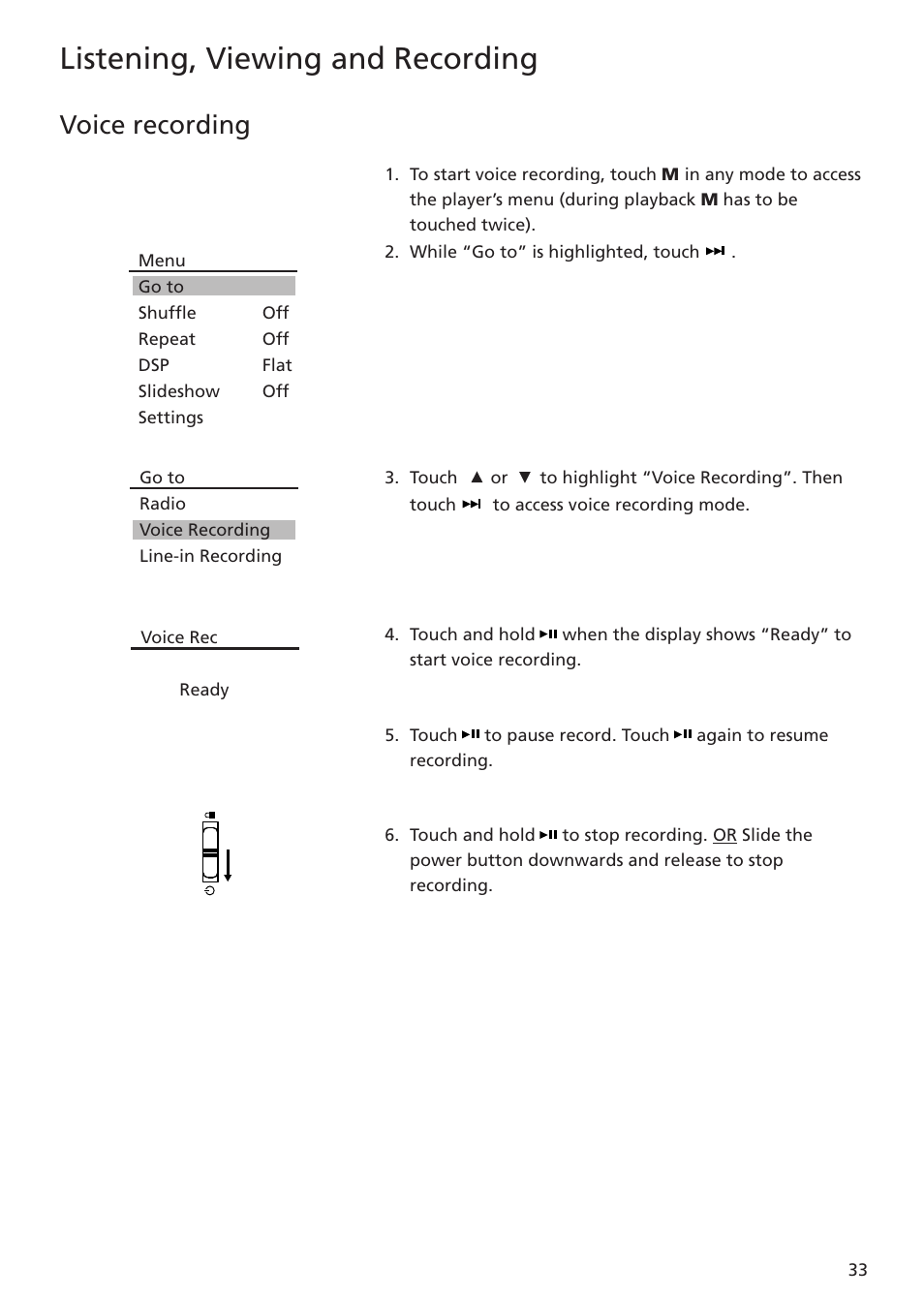 Voice recording, Listening, viewing and recording | RCA MC5102 MC5104 User Manual | Page 33 / 45