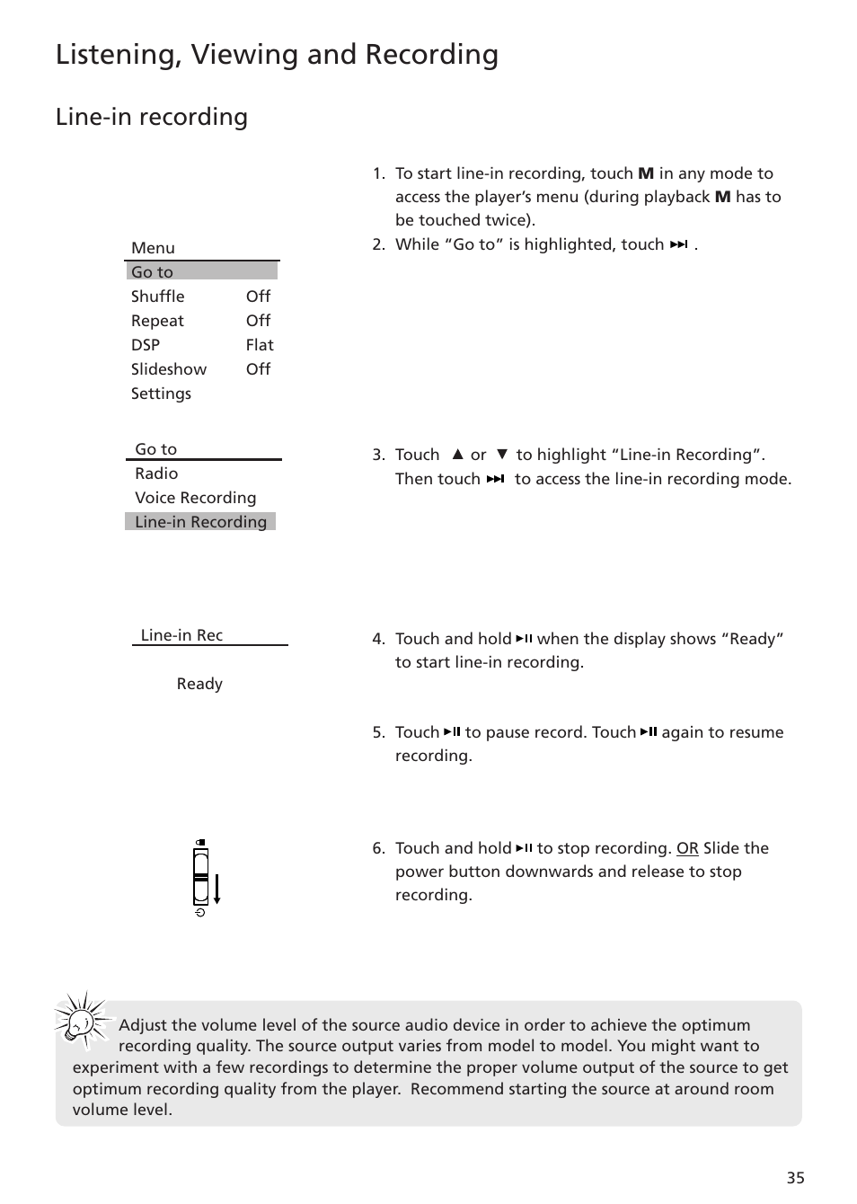 Line-in recording, Listening, viewing and recording | RCA MC5102 MC5104 User Manual | Page 35 / 45