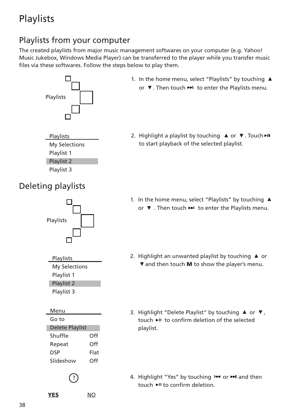 Playlists from your computer, Deleting playlists, Playlists | RCA MC5102 MC5104 User Manual | Page 38 / 45