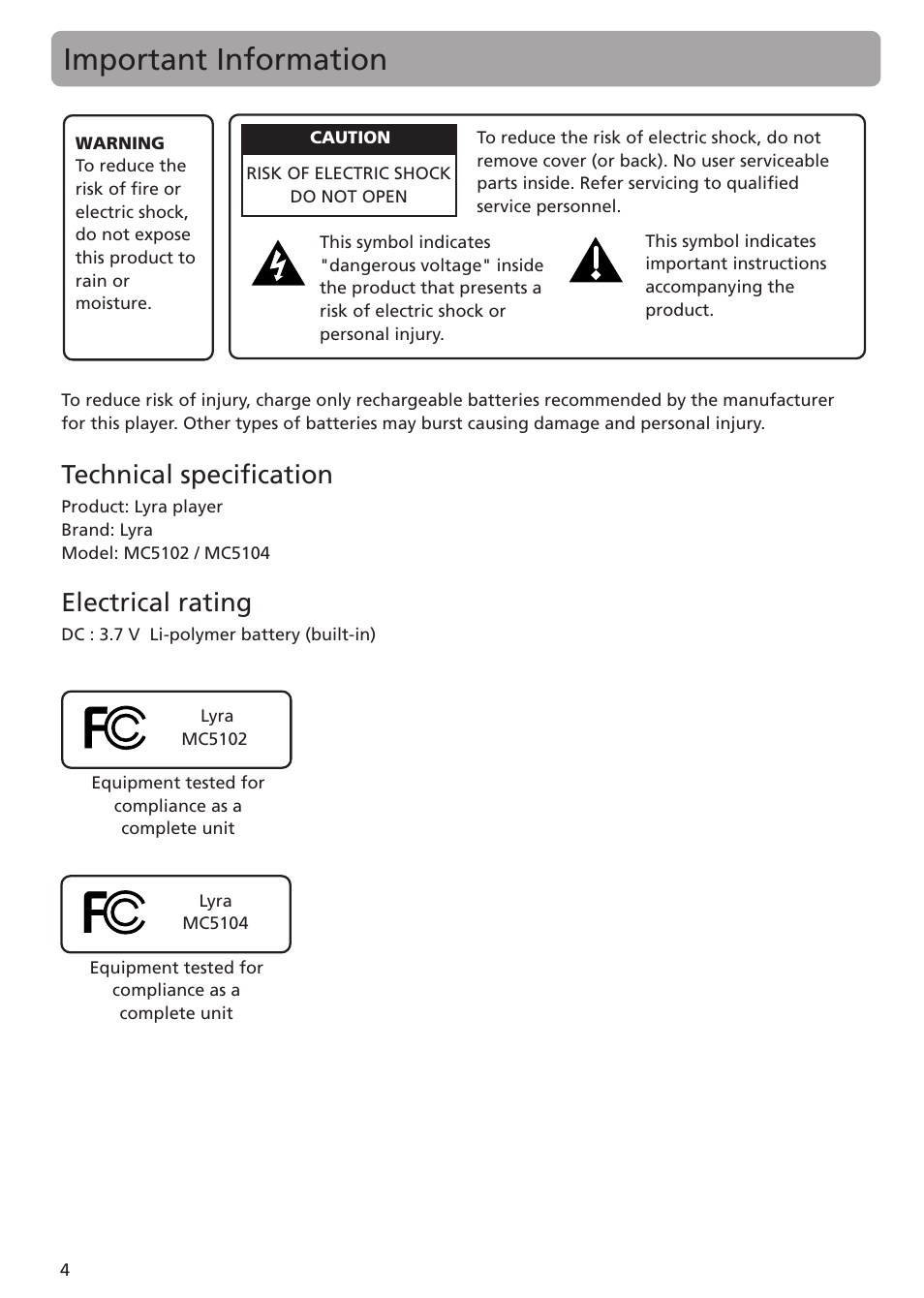 Important information, Technical specification, Electrical rating | RCA MC5102 MC5104 User Manual | Page 4 / 45