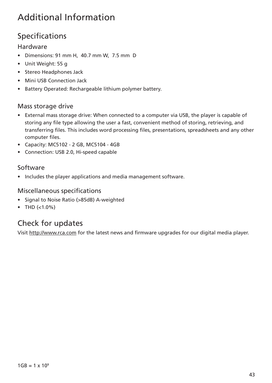 Specifications, Check for updates, Additional information | RCA MC5102 MC5104 User Manual | Page 43 / 45