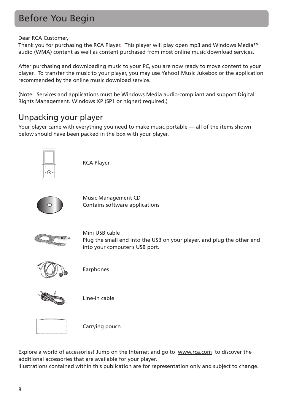 Before you begin, Unpacking your player | RCA MC5102 MC5104 User Manual | Page 8 / 45