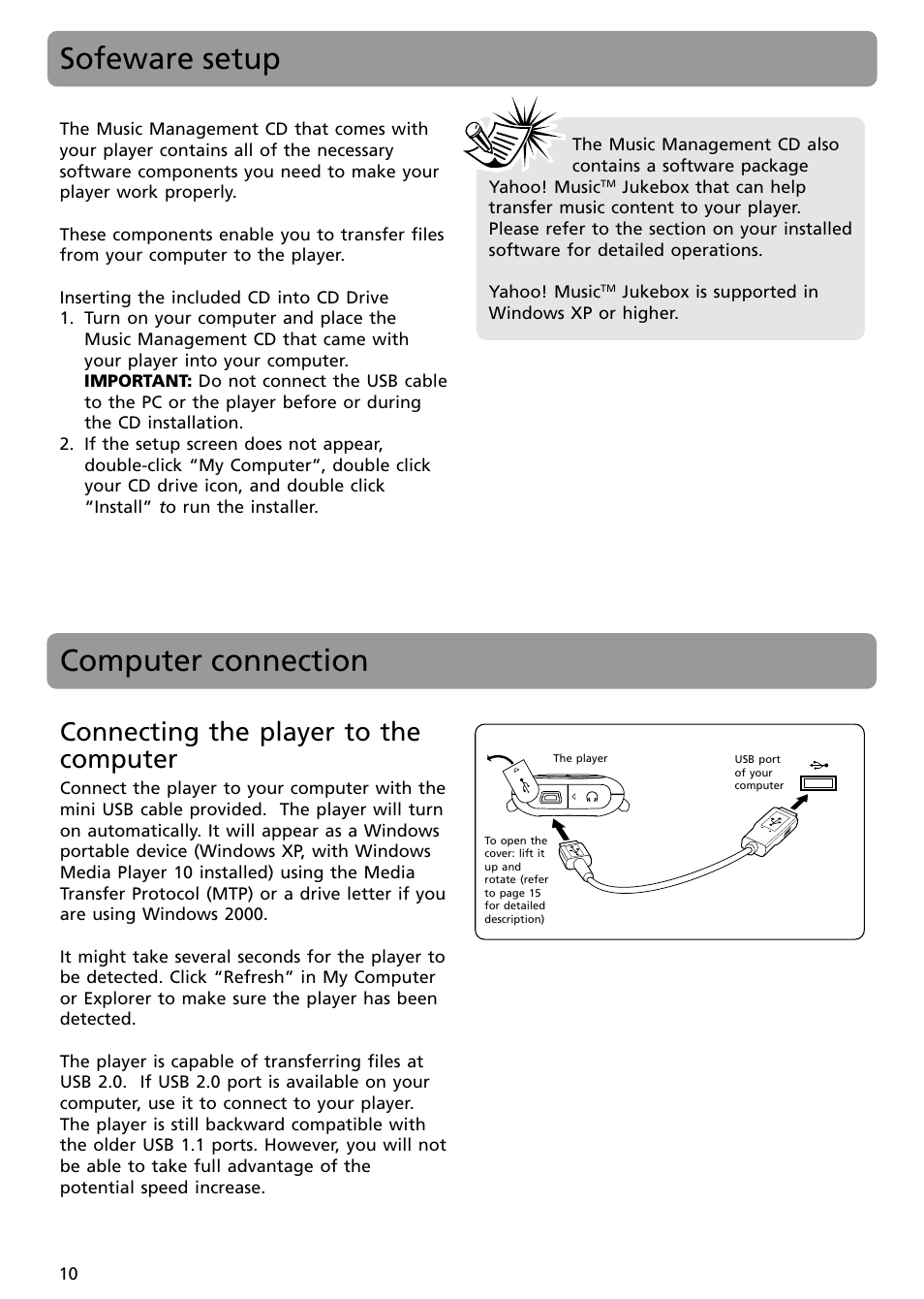 Sofeware setup, Computer connection, Connecting the player to the computer | RCA SC2001 User Manual | Page 10 / 32