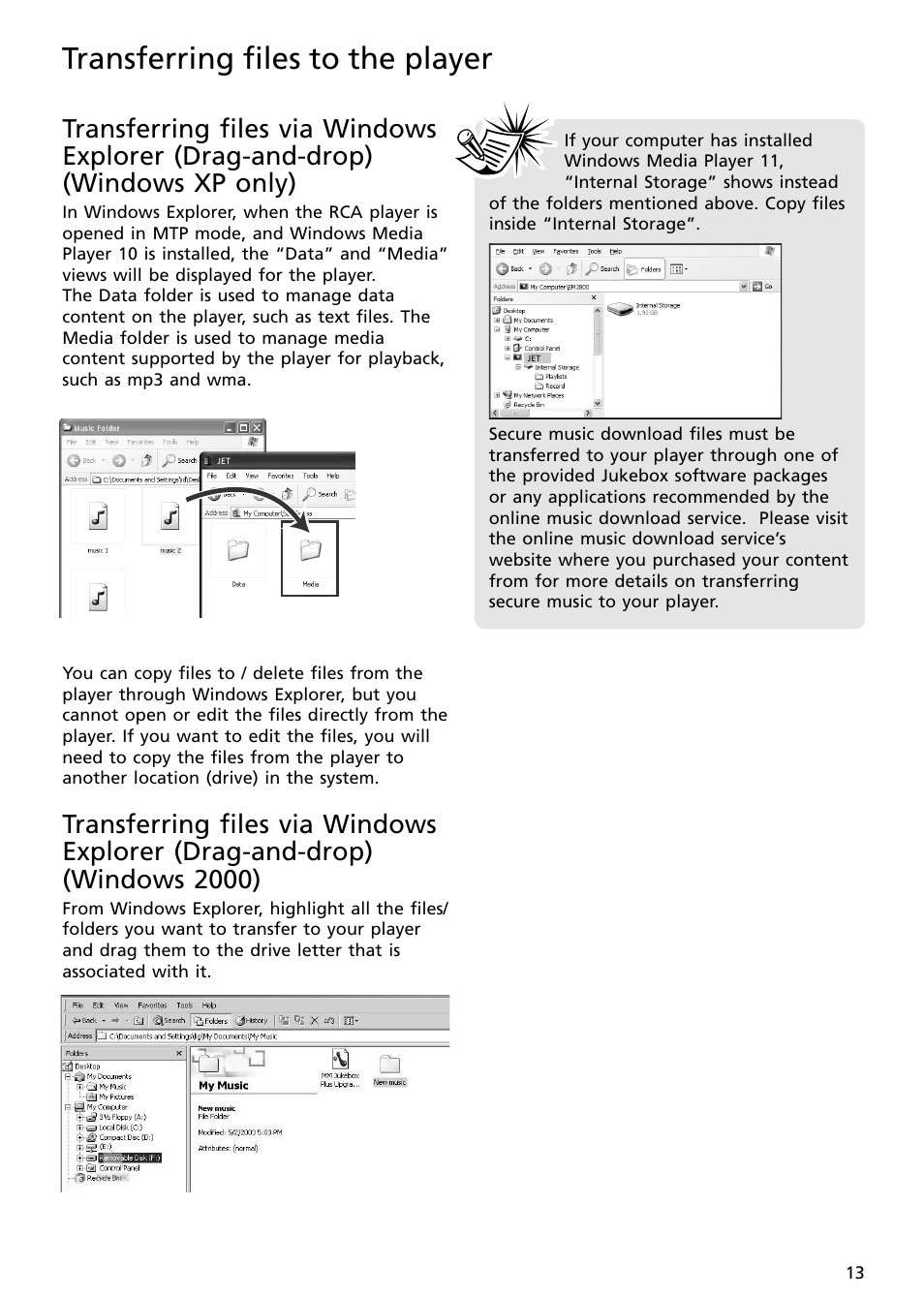 Transferring files to the player | RCA SC2001 User Manual | Page 13 / 32