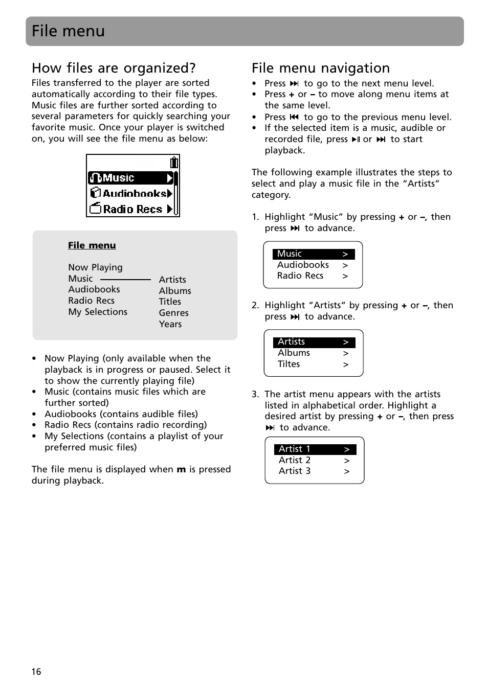 File menu, How files are organized, File menu navigation | RCA SC2001 User Manual | Page 16 / 32